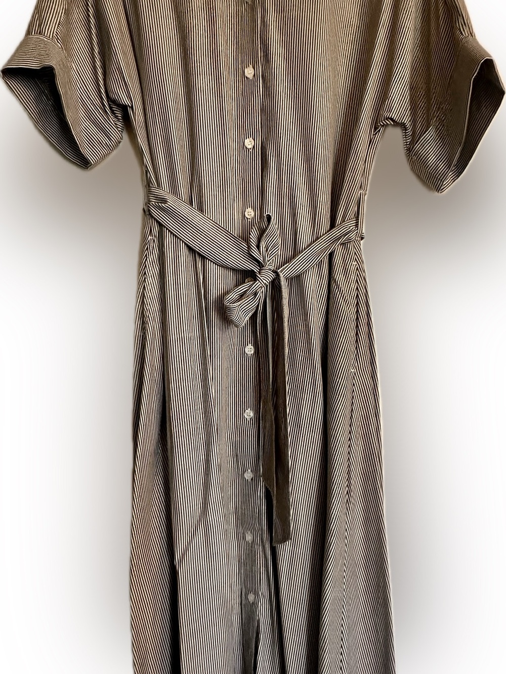 Max Studio Gray and White Striped Midi Shirt Dress with Waist Tie - Picture 2 of 6